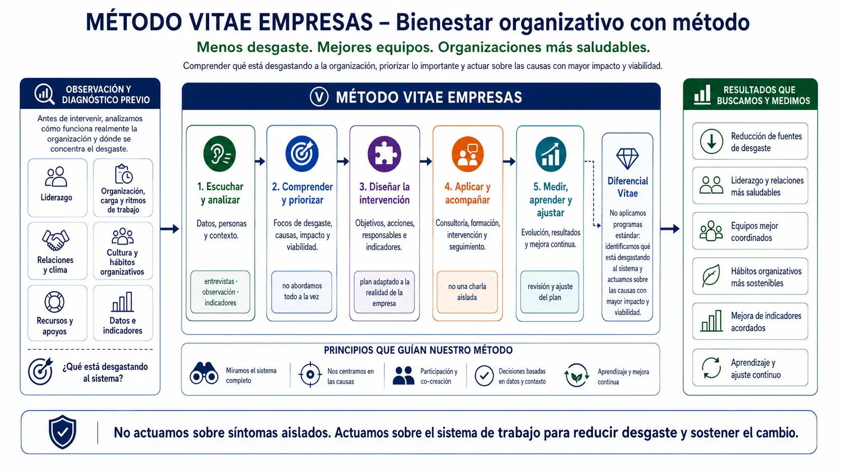 Infografía del Método Vitae Empresas: observación y diagnóstico previo, cinco fases (escuchar, comprender, diseñar, aplicar y medir), principios y resultados que buscamos